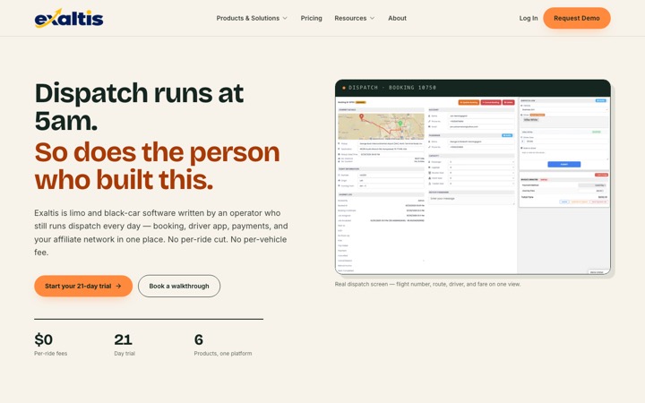 exaltis.org home page: the dispatch and booking platform