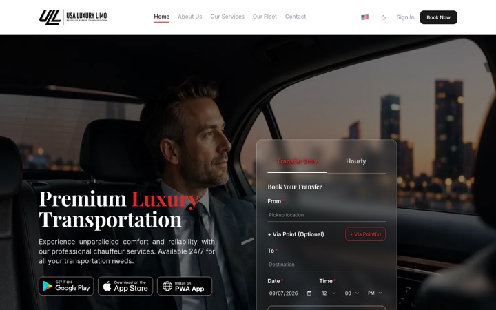 usaluxurylimo.com home page: the booking form for airport transfers