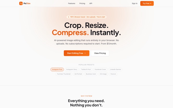 pixtrim.app home page: crop, resize and compress in the browser