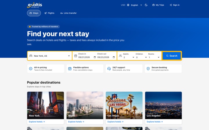exaltistravel.com home page: stays, flights and limo transfer search